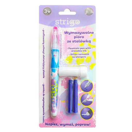 Stilou Strigo cerneala cu stergere cu 2 rezerve, dispozitiv curatare, diverse culori - imagine 5
