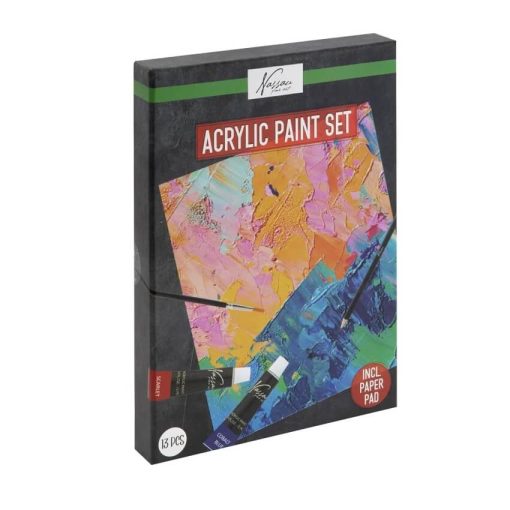 Set pictura complet 13 piese Nassau Fine Art culori acrilice, pensula, creion si caiet desen