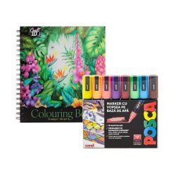 Pachet 8 markere Posca si carte de colorat cu foi cartonate