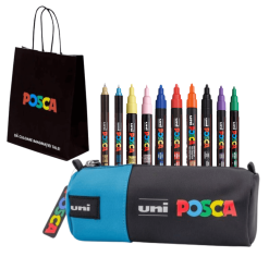 Set 10 markere Posca in penar cilindric albastru