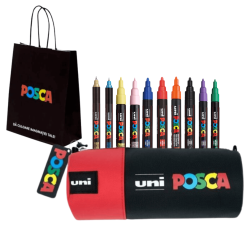 Set 10 markere Posca in penar cilindric rosu