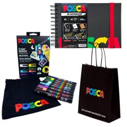 Pachet Posca 8 markere cu saculet, sketchbook si punga cadou