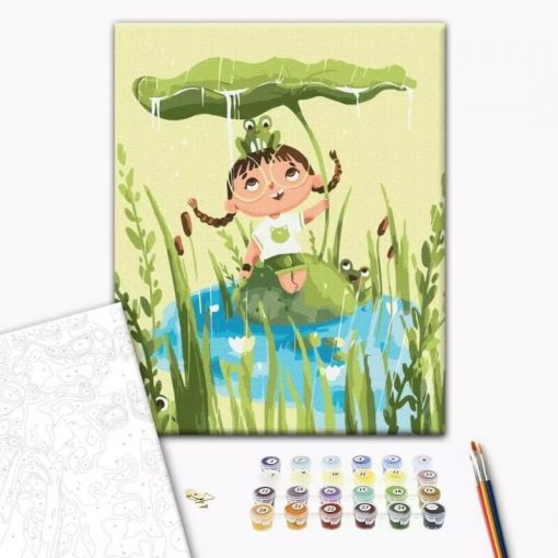 Set pictura pe numere 30x40 cm Fetita cu broscute cu pensule si culori