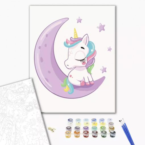 Set pictura pe numere 30x40 cm Unicorn pe luna cu pensule si culori