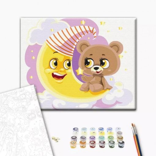 Set pictura pe numere 30x40 cm Ursulet pe luna cu pensule si culori